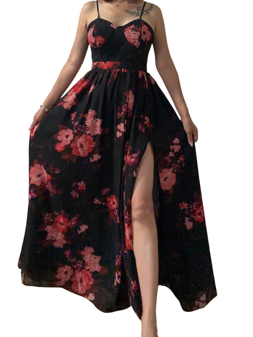 Haute Nites Black Floral Lace Maxi Dress Size 5 | Formal Prom Wedding Guest Slit